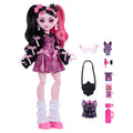 Toy doll with pink and black hair and accessories on a white background