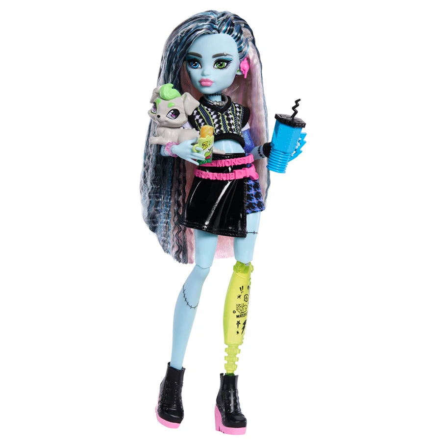 Monster High doll with long hair, colorful outfit, and accessories on a white background
