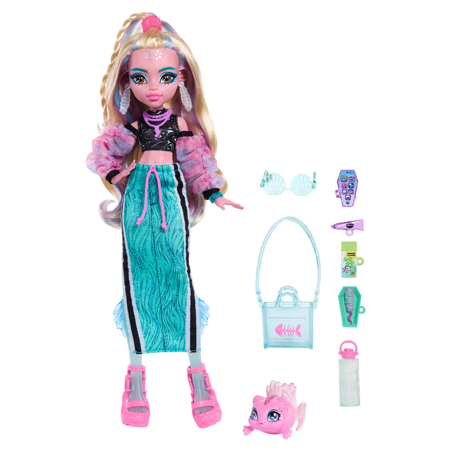 Toy doll with accessories on a white background