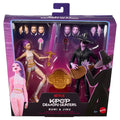 Mattel K-pop Demon Hunters Rumi & Jinu action figure set in retail packaging, featuring two articulated figures with interchangeable faces, accessories, and a purple box with Netflix branding.
