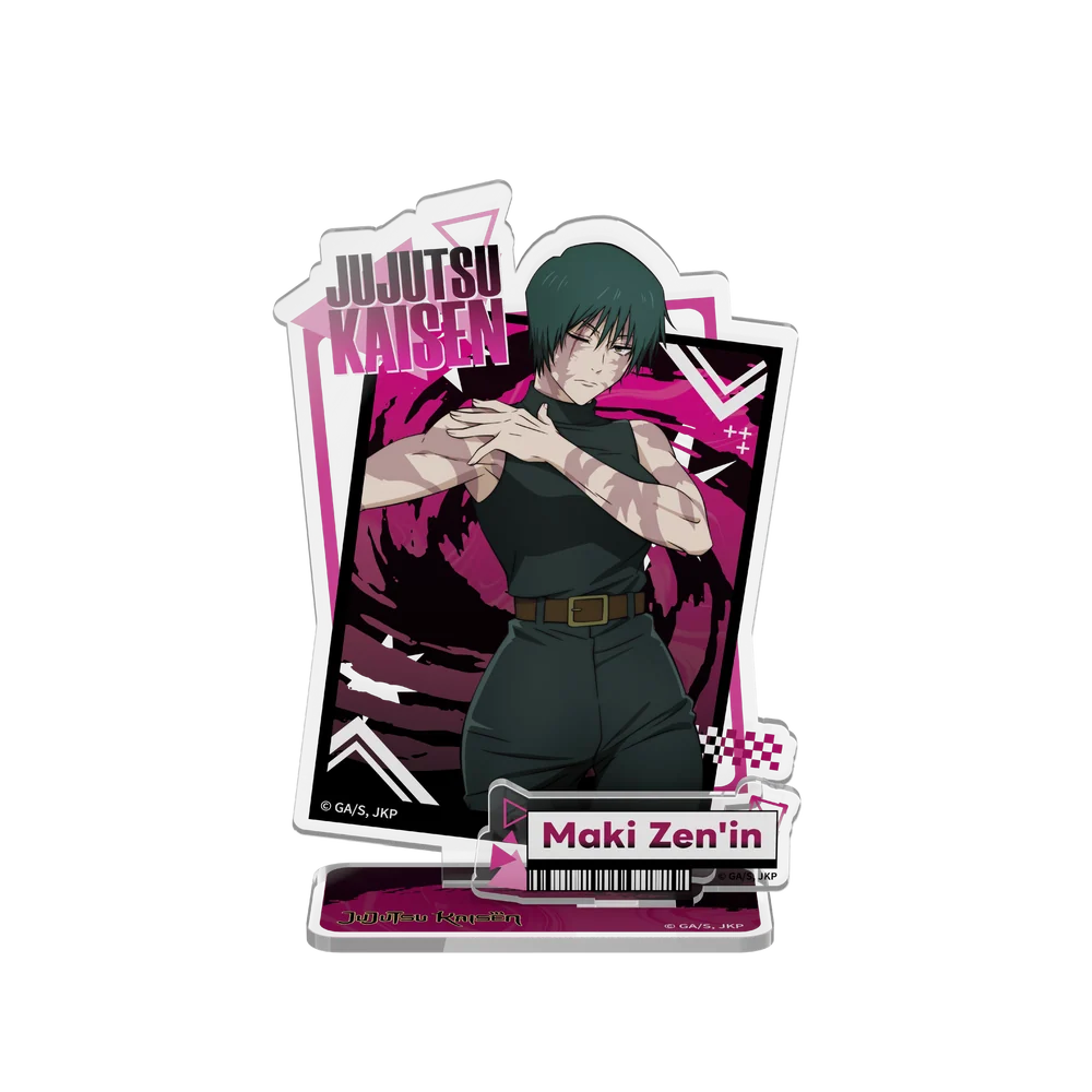 A Jujutsu Kaisen acrylic standee featuring the character Maki Zen'in, with her name printed on the base, set against a plain white background.