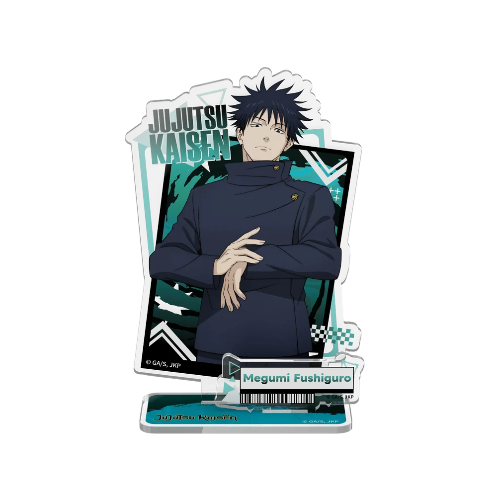 A character acrylic standee featuring the anime character Megumi Fushiguro from Jujutsu Kaisen, with his name printed on the base and character art on a white background.