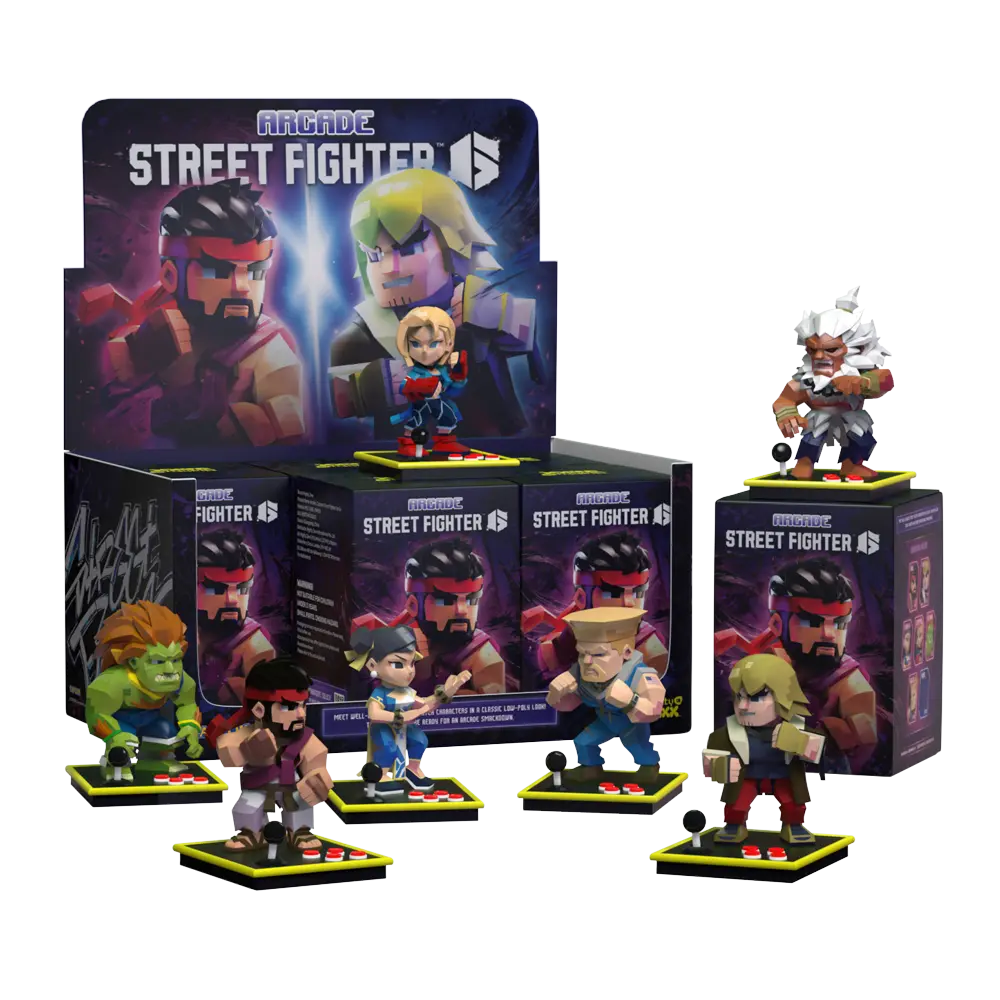 Street Fighter figurines with packaging on a white background