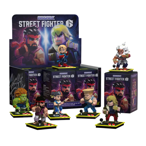 Street Fighter figurines with packaging on a white background