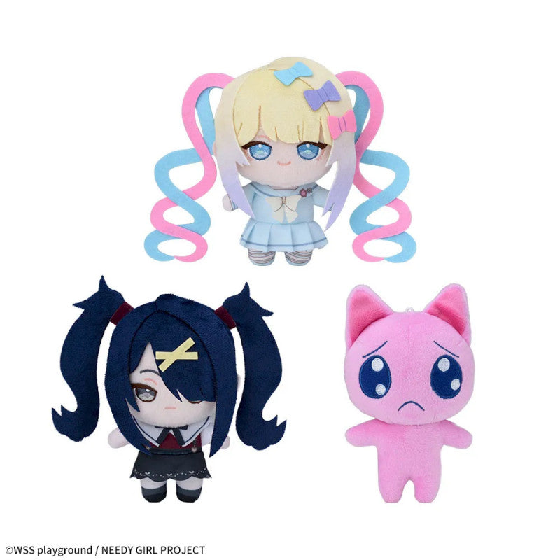 Group photo of small plushies, including a bright colored school girl, a dark colored school girl, and a sad pink cat