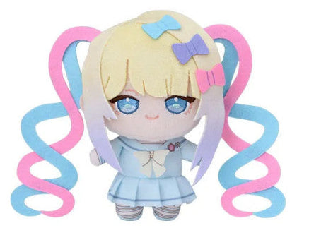 Small plush of girl in bright blue school uniform with blonde, pink, and blue pigtails