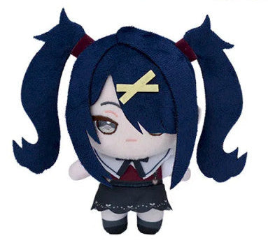Small plush of girl with dark blue pigtails in a red and black school outfit