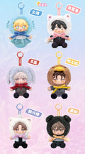 Six anime character plush keychains arranged in two columns on a pastel pink and blue gradient background, each wearing a different animal or character hood with attached keyrings.