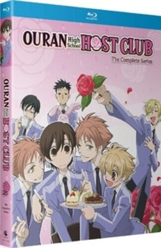 Ouran High School Host Club Blu-ray box set cover, featuring anime characters in blue uniforms against a pink background with a blue Blu-ray strip at the top.