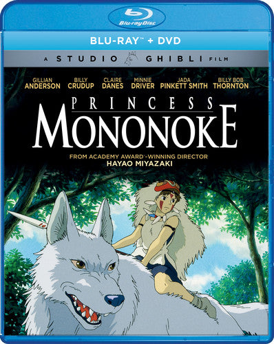 Blu-ray and DVD cover of 'Princess Mononoke' with characters and wolf in a forest setting.