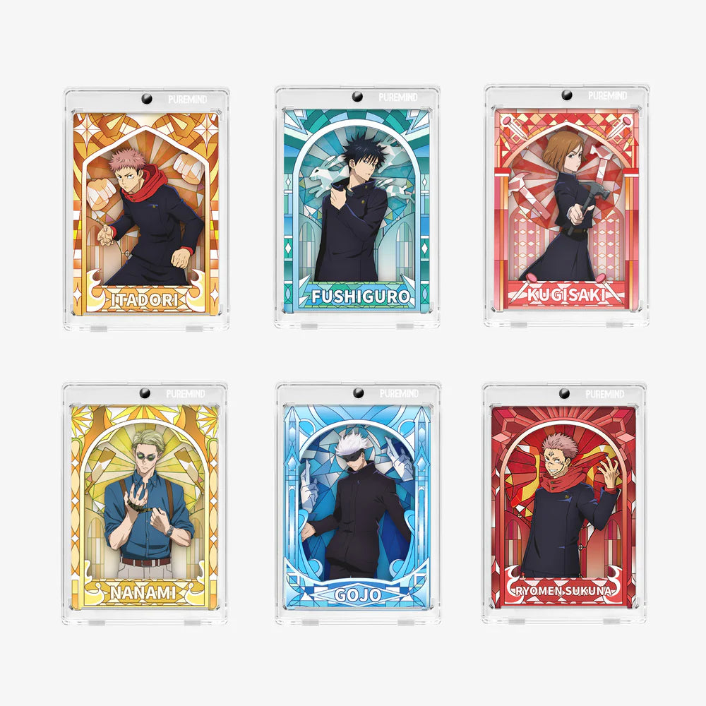 Set of six anime character figurines in colorful packaging on a white background