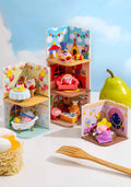 Toy playset with various rooms and figures on a light blue background