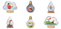 Six Snoopy-themed decorative light bulbs displayed on a white background, featuring cloud and teardrop-shaped glass globes with wooden bases and cartoon scenes including Woodstock, Snoopy, Charlie Brown, and other Peanuts characters.