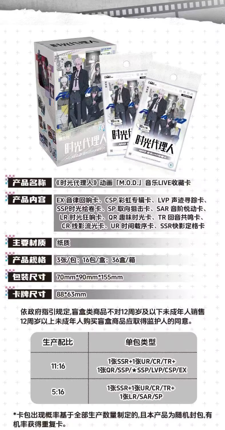 A product information graphic for a collectible music trading card set. The top shows the retail box and several sample card packs, while the lower half contains Chinese product details, dimensions, and compatibility notes on a white background with a film reel graphic.
