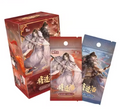 A boxed set of illustrated trading card packs with two individual pouches displayed in front on a plain white background. The packaging features fantasy-style characters and Chinese text, with a red box and red/orange pouches plus a blue pouch.