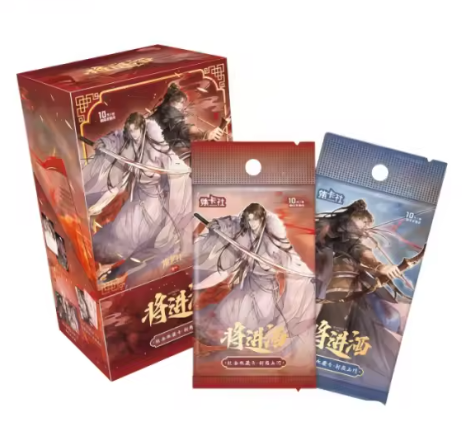 A boxed set of illustrated trading card packs with two individual pouches displayed in front on a plain white background. The packaging features fantasy-style characters and Chinese text, with a red box and red/orange pouches plus a blue pouch.
