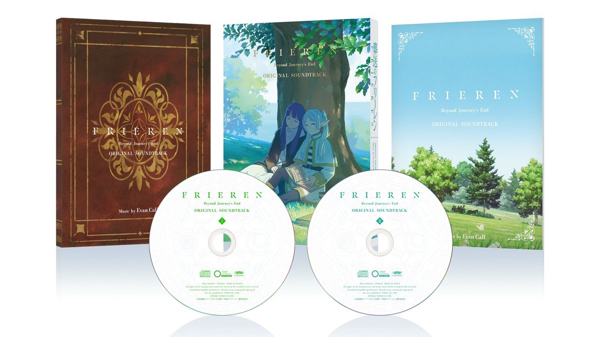 Frieren: Beyond Story Mode original game box set including a brown ornate book-style box, a blue illustrated cover, a light blue illustrated insert, and two white discs in front, all on a clean white background.