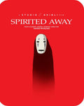 Spirited Away movie cover with a character in a black robe on a red background