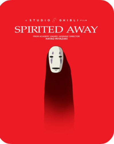 Spirited Away movie cover with a character in a black robe on a red background