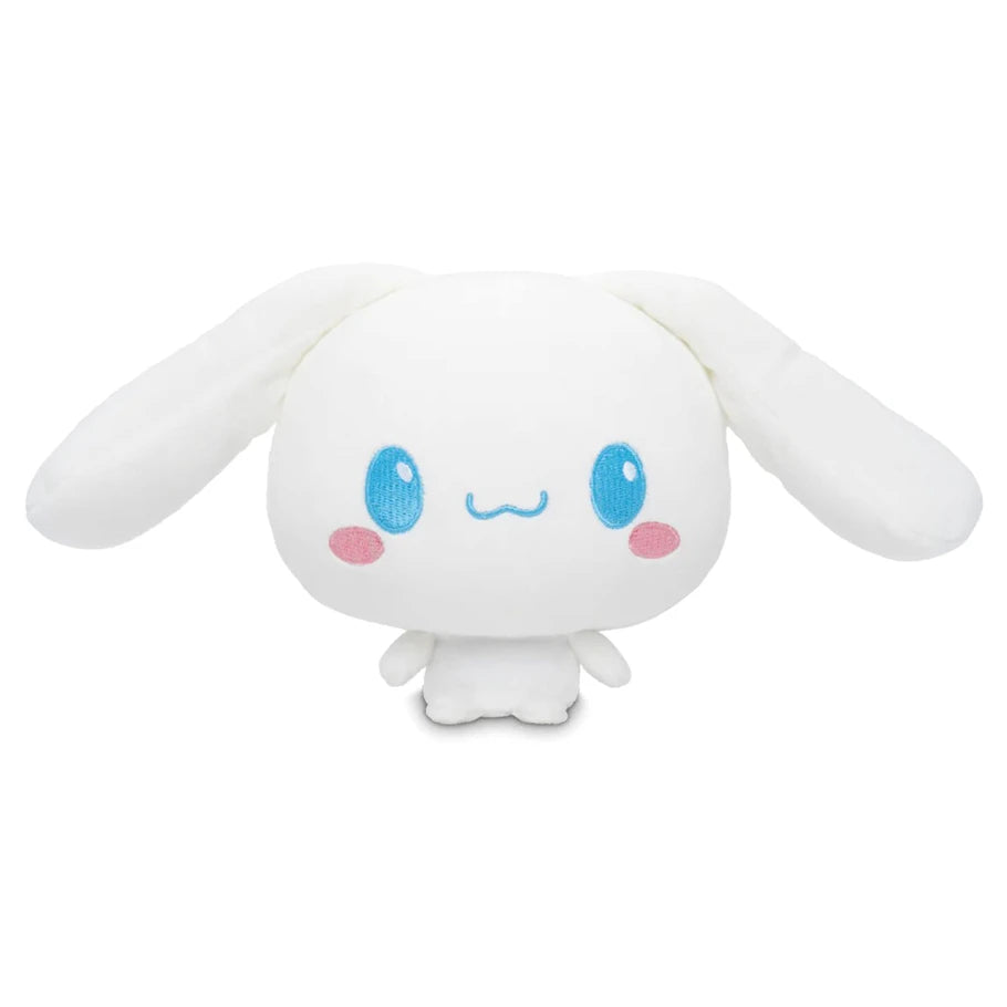 A white plush toy character with long floppy ears, blue embroidered eyes, a blue wavy smile, and pink cheeks, centered on a plain white background.