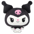 Plush toy with black horns, pink skull, and white face on a white background