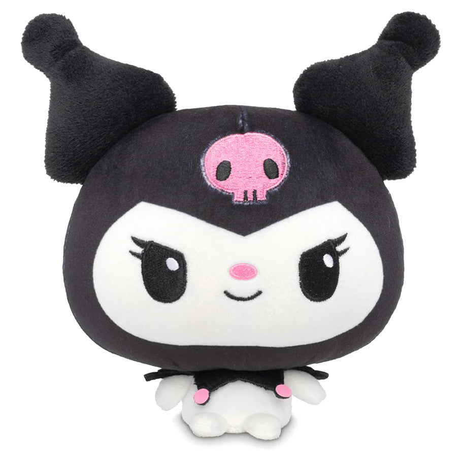 Plush toy with black horns, pink skull, and white face on a white background