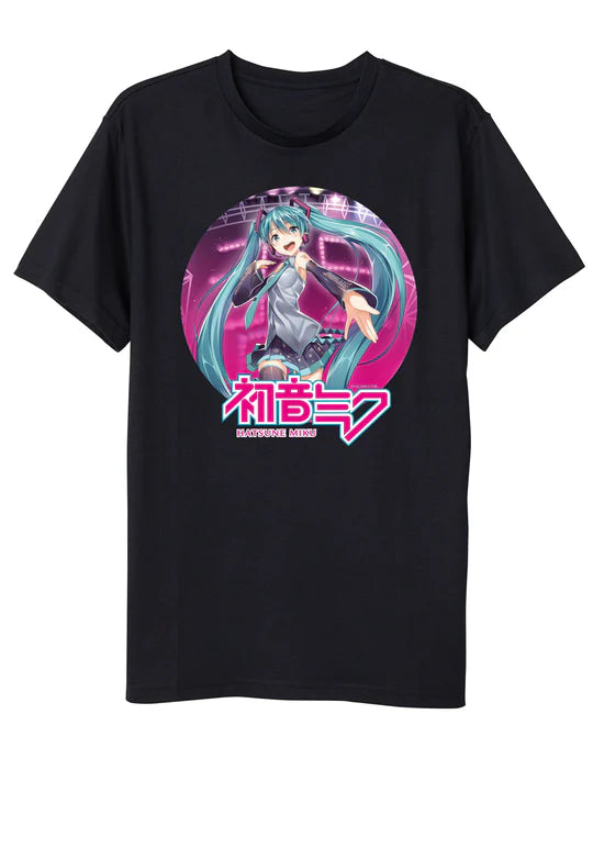 Hatsune Miku Anime Cartoon Circle Frame Black Graphic Tee