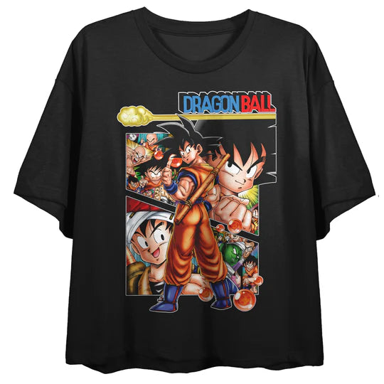 Dragon Ball Classic Group & Logo Crew Neck Short Sleeve Women's Black Crop T-Shirt