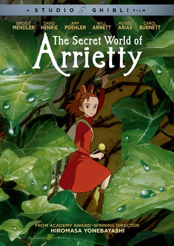 Movie poster for 'The Secret World of Arrietty' with a character in a red dress among green leaves.