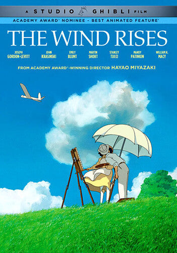 Movie poster for 'The Wind Rises' with a character sitting on a grassy hill under an umbrella, with clouds and a plane in the background.