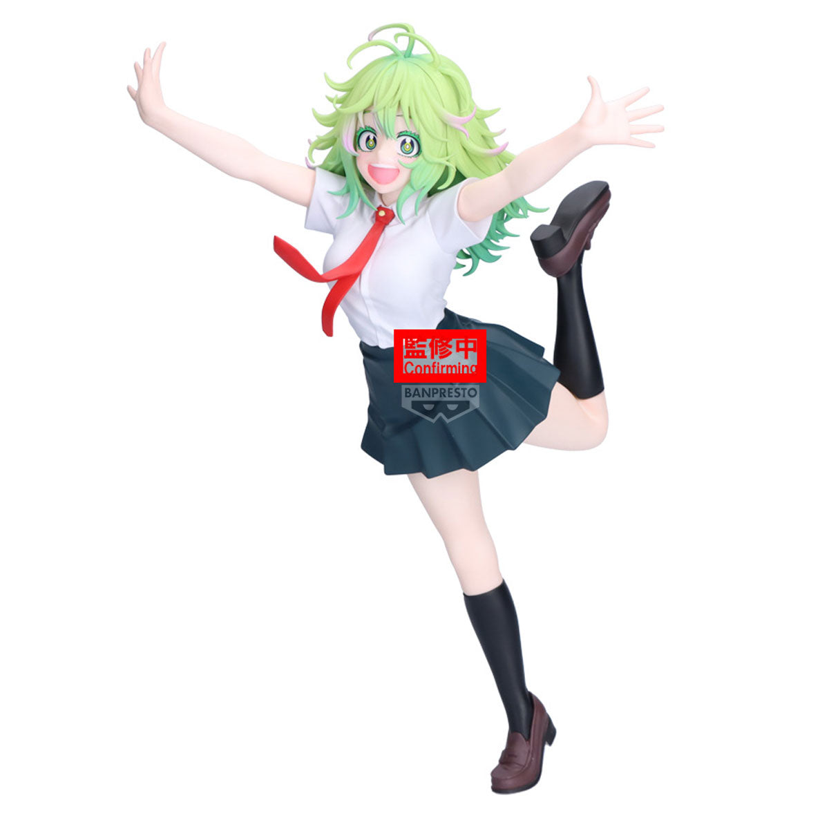 Anime character figurine with green hair and a school uniform, standing on one leg.
