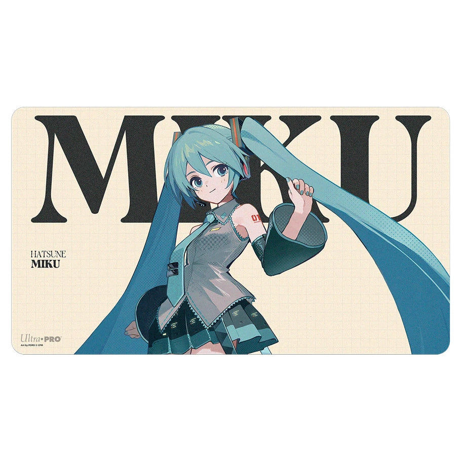 Card featuring an anime character with blue hair and a large 'Miku' letter on a beige background