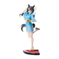 An anime figurine of a female horse character in a blue patterned kimono with a yellow sash, standing on a red and black base against a white background.