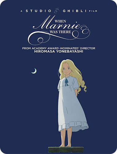 Movie poster for 'When Marnie Was There' featuring an illustrated blonde girl in a white nightgown standing on a dark blue background with white title text and credits.