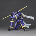 A blue and purple mecha action figure with gold and white accents, posed dynamically on a dark gray studio background.