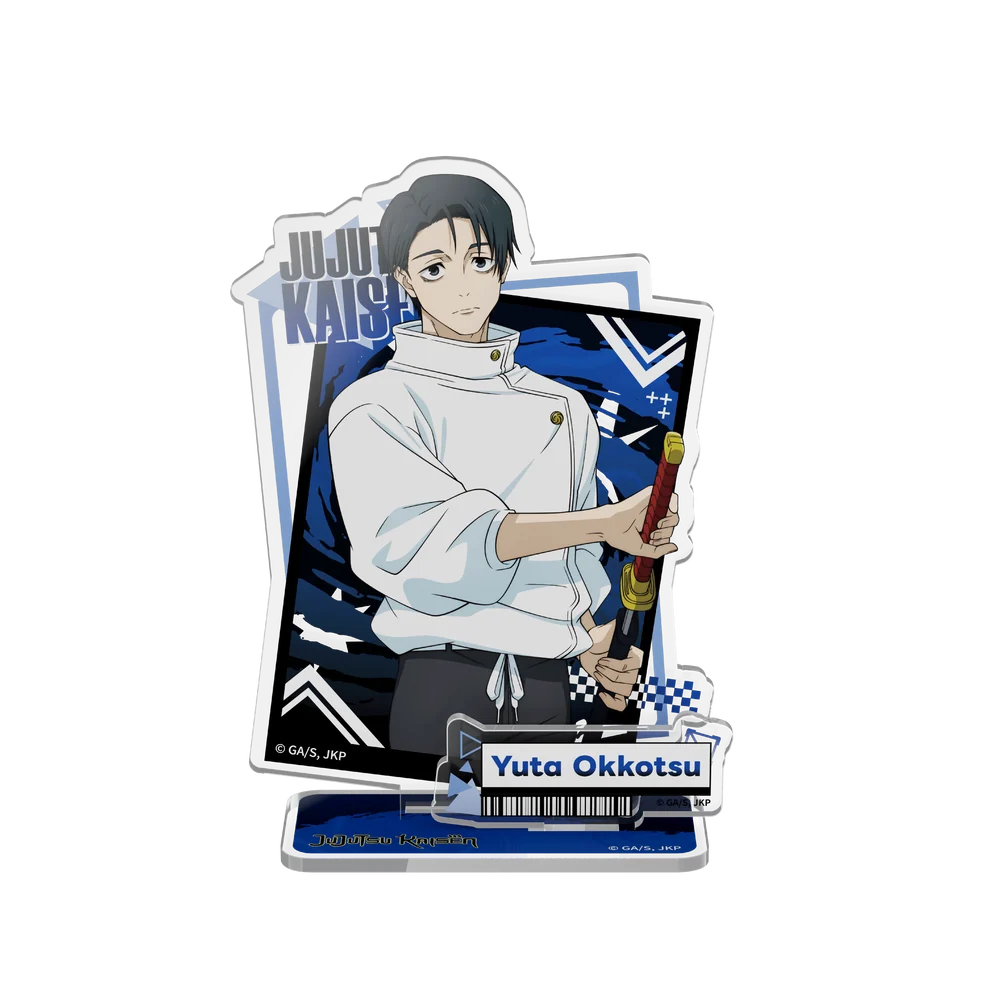 An acrylic standee featuring the anime character Yuta Okkotsu from Jujutsu Kaisen, shown on a plain white background. The standee depicts Yuta in his white uniform holding a sword, with the text 'JUJUTSU KAISEN' and 'Yuta Okkotsu' visible.