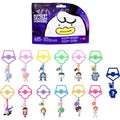 K-pop Demon Hunters blind bag toy set with its retail packaging at the top and multiple colorful character keychains arranged below on a white background.