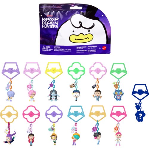 K-pop Demon Hunters blind bag toy set with its retail packaging at the top and multiple colorful character keychains arranged below on a white background.