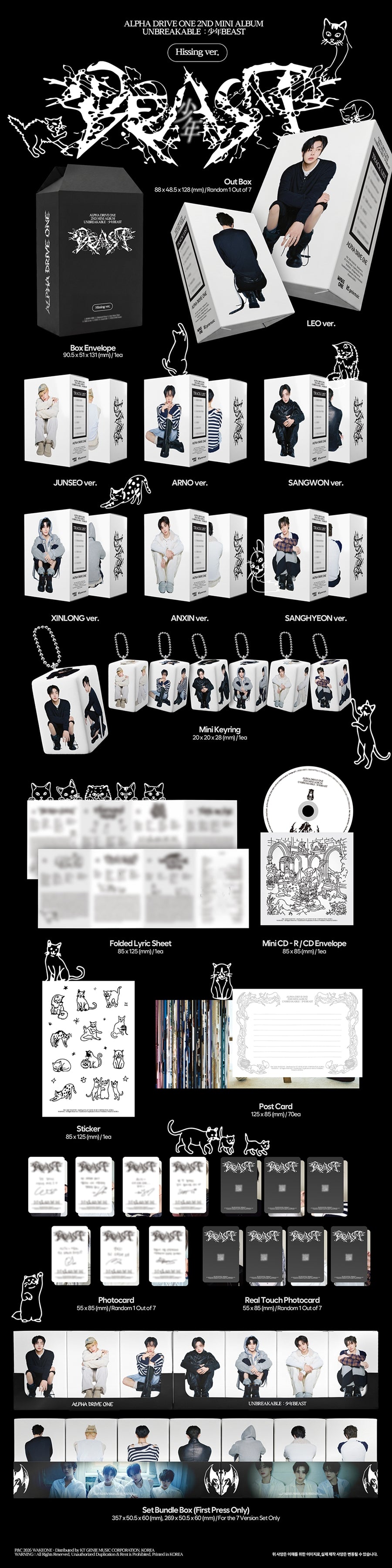 A product display sheet for the K-pop group alphadriveone's 'BEAST' 1st Mini Album, showing the album packaging, various printed inserts, stickers, and a poster against a black background.