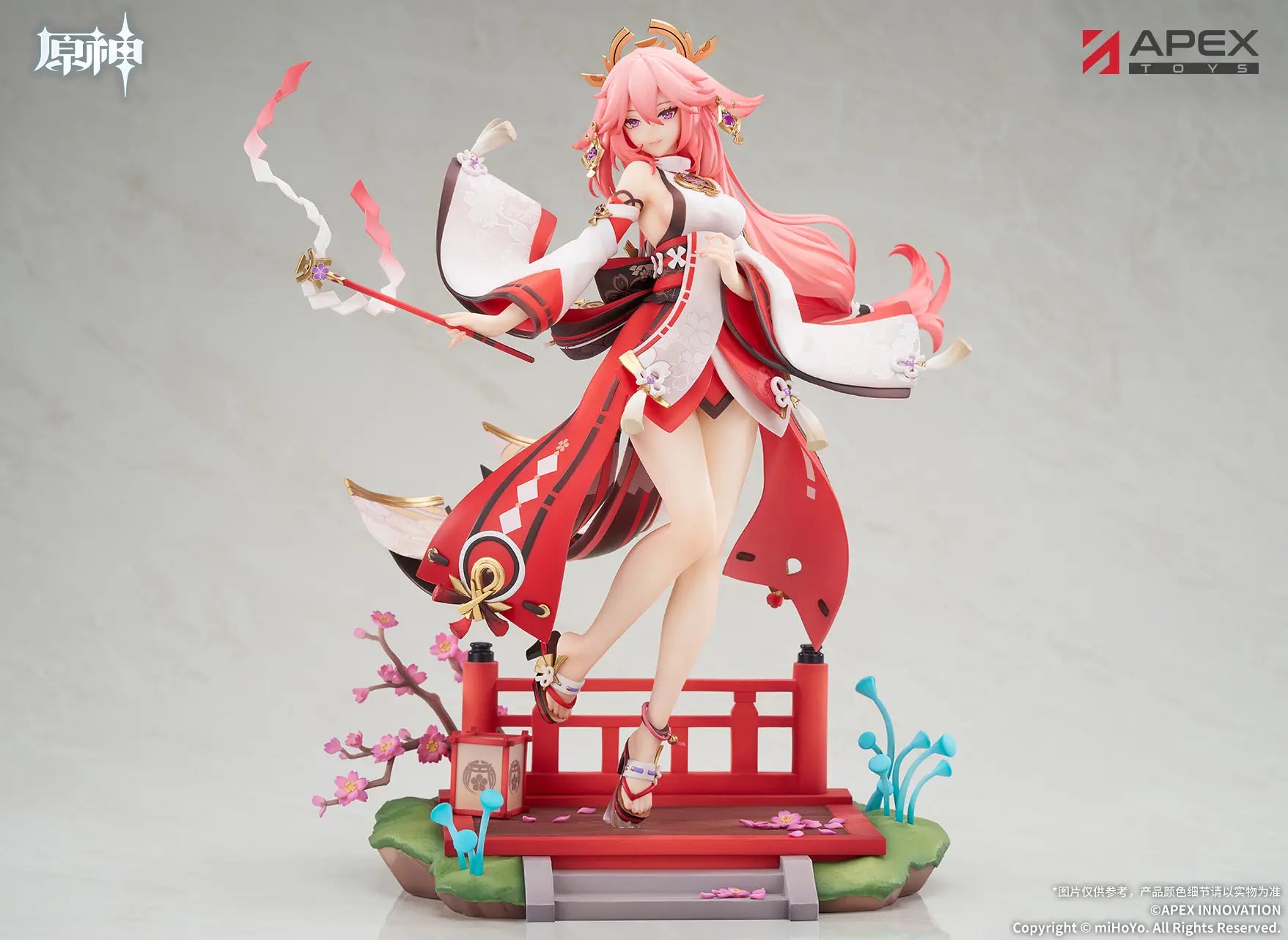APEX Games Apex Blingding collectible figure of a pink-haired anime character in a red and white kimono-style outfit, posed on a red bridge with cherry blossom decorations, against a light gray studio background.