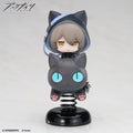 A collectible anime figure of a gray-haired character in a black cat hood with a spring-mounted black cat below, displayed on a glossy black base against a light gray studio background. The Hypergryph and Yostar logos are visible in the corners.