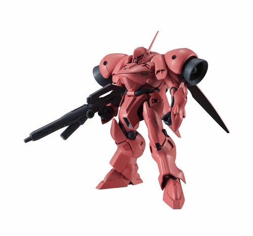 Red robot model with black details on a white background