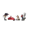 Four anime action figure sets arranged on a plain white background, including a dark-haired female warrior, a red motorcycle with a rider, a male fighter on a green vehicle, and a blue-haired character beside a gray rock structure.