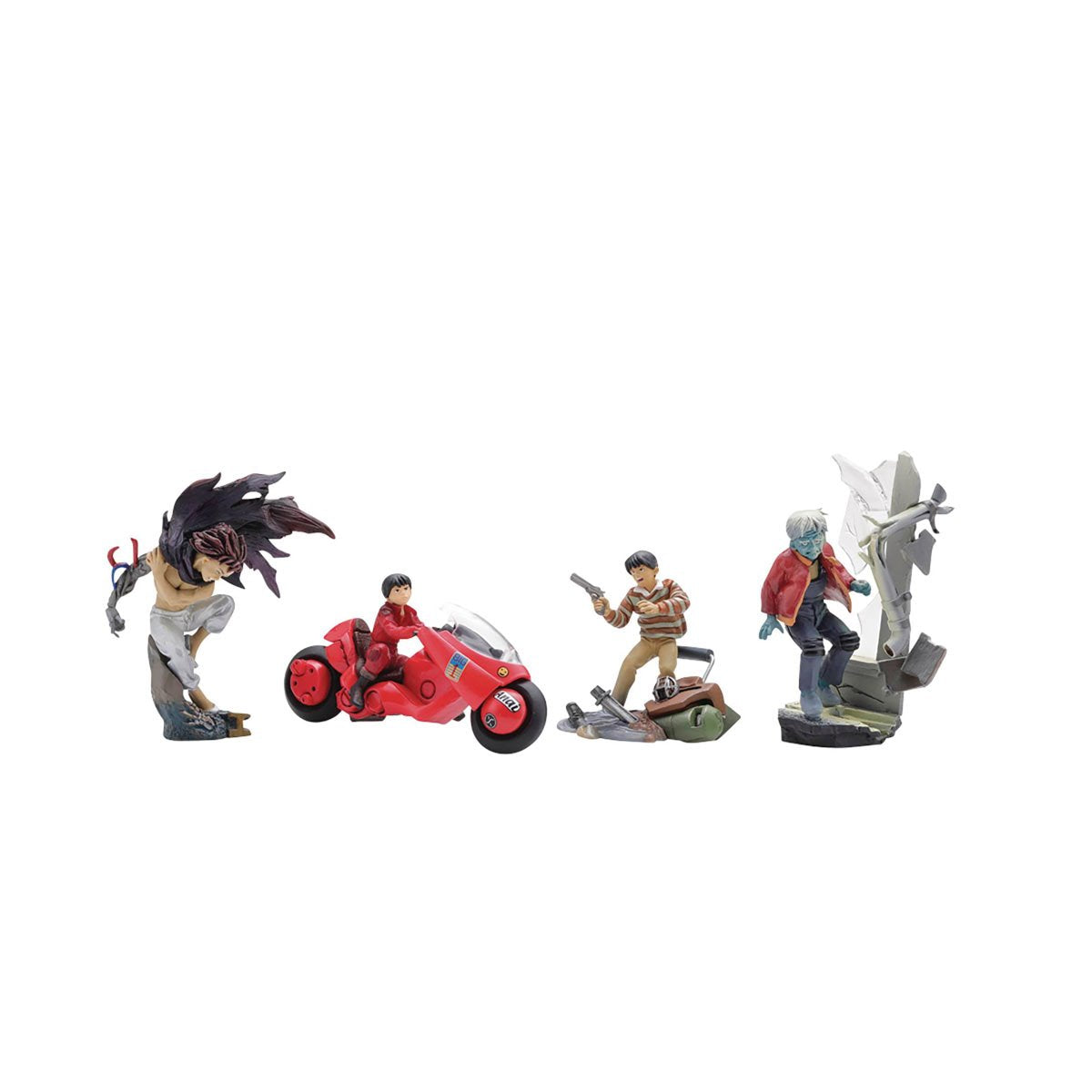 Four anime action figure sets arranged on a plain white background, including a dark-haired female warrior, a red motorcycle with a rider, a male fighter on a green vehicle, and a blue-haired character beside a gray rock structure.