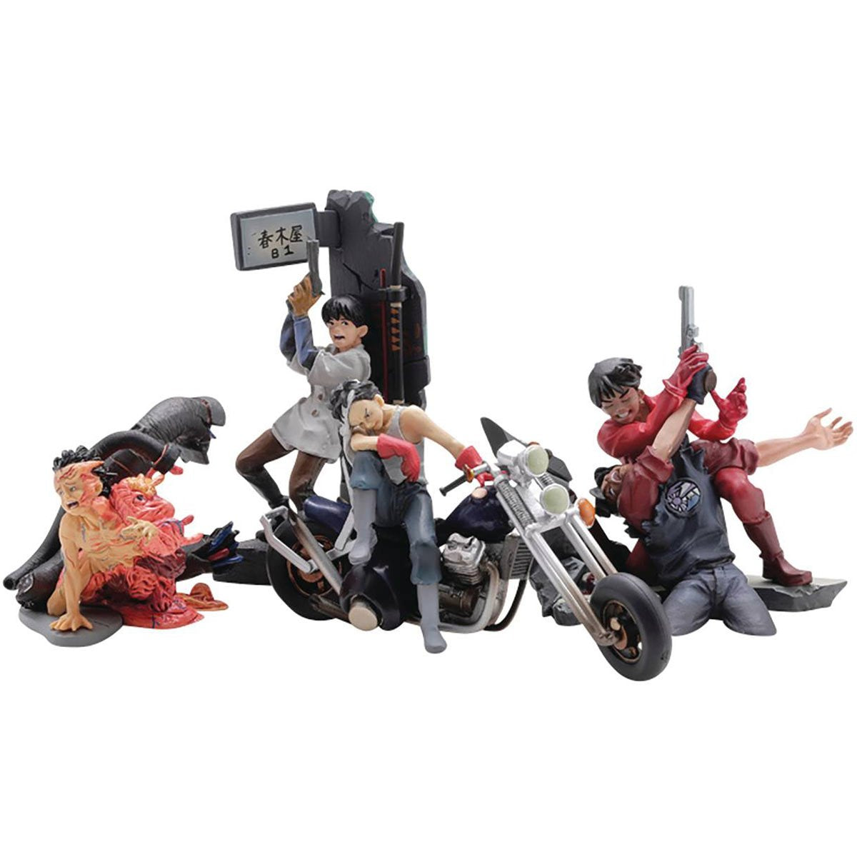 A detailed anime action figure set featuring multiple characters posed around a motorcycle on a plain white background. The figures include characters in red, gray, blue, and black outfits, with one holding a sign with Japanese text and another holding a gun.