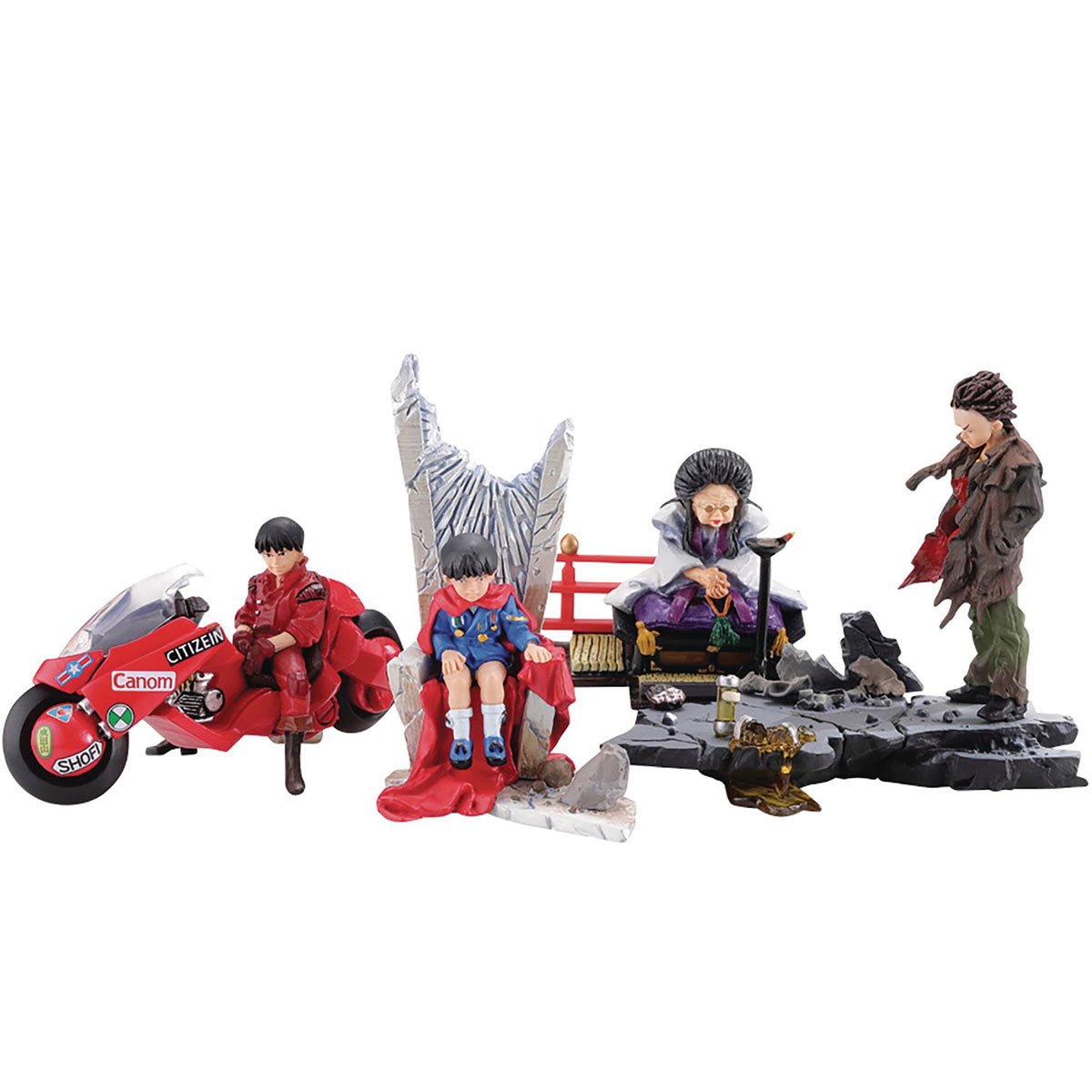 A multi-figure collectible set featuring characters from Akira on a white background. The set includes a red motorcycle with a figure in a red jacket, a gray throne with a child figure in a blue outfit, a purple-lavender carriage with an elderly woman figure, and a dark rocky platform with a standing figure in a brown coat.