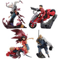 Four anime action figure collectibles on a plain white background: a dynamic battle figure in gray and blue, a red motorcycle figure with a rider in a red suit, a red-haired warrior in a flowing red and blue outfit, and a bearded man in a gray robe holding a staff.