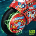 Red hoverboard with various stickers on a blue background, featuring the word 'Akira'.