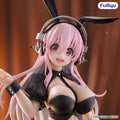 Figurine with pink hair and bunny ears against a brown background, featuring the Furyu brand.