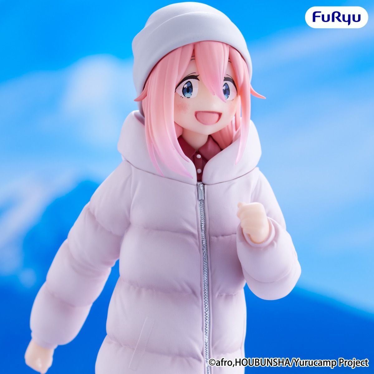 Anime character figurine in a winter outfit with a blue background, featuring the Furyu brand.